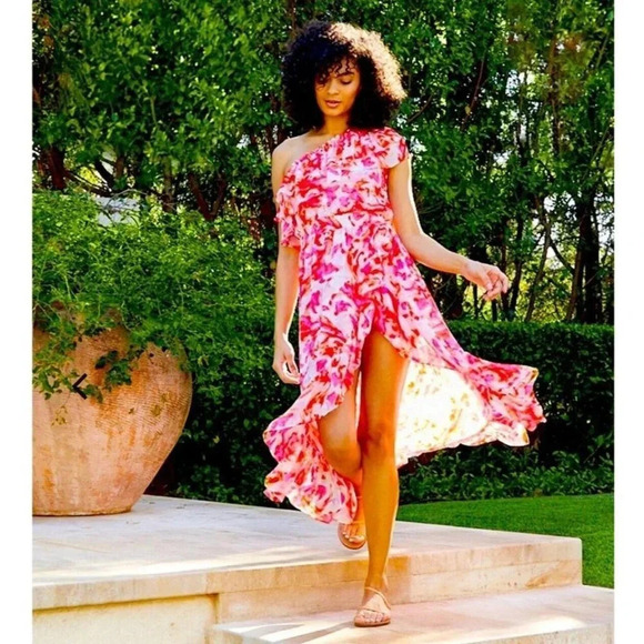 MISA Los Angeles Midi Dress Rumi Floral Maldive Marble One Shoulder High Low M - Picture 4 of 4